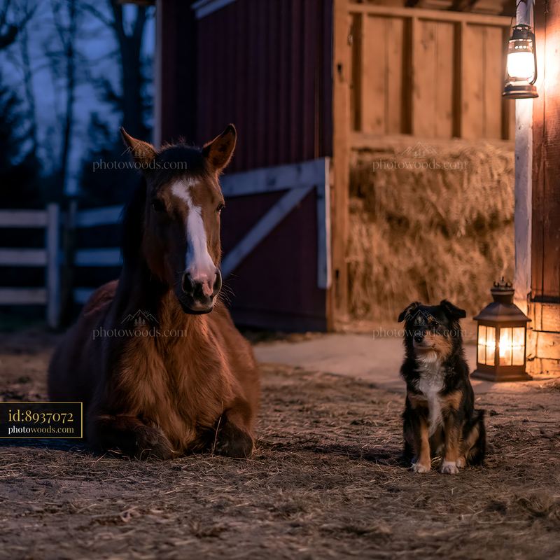Horse near a lantern-lit stable at dusk with a dog