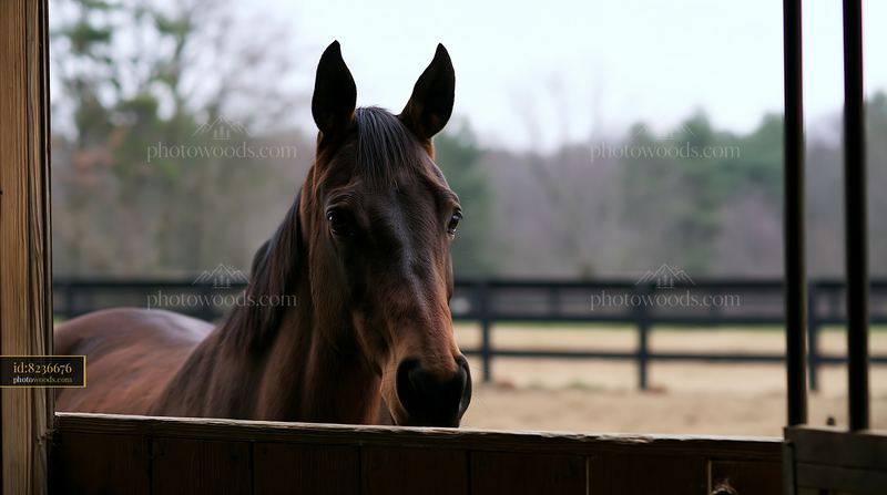 Horse looking through stable door in rural setting