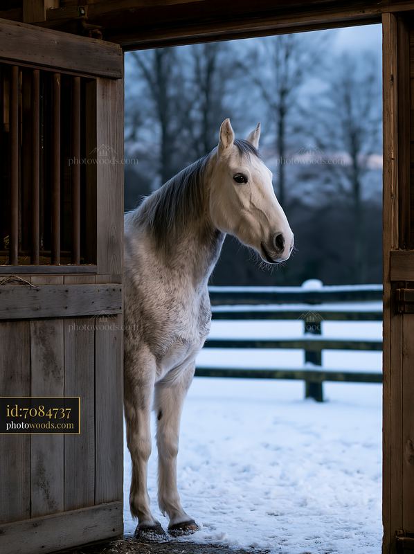 Horse looking through stable door in winter setting