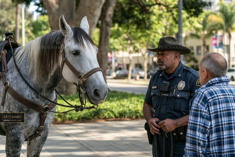 Police horse patrol with officer interacting in urban setting
