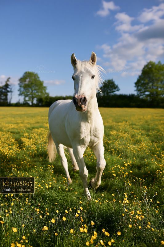 Horse running through pasture in a sunny field