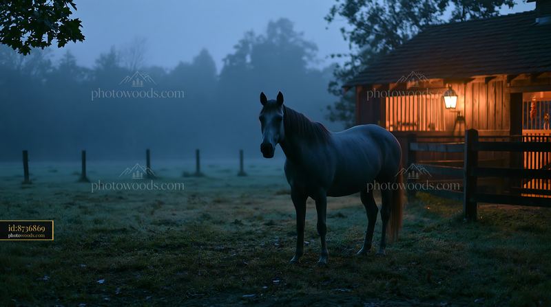 Horse near a lantern-lit stable in early morning fog