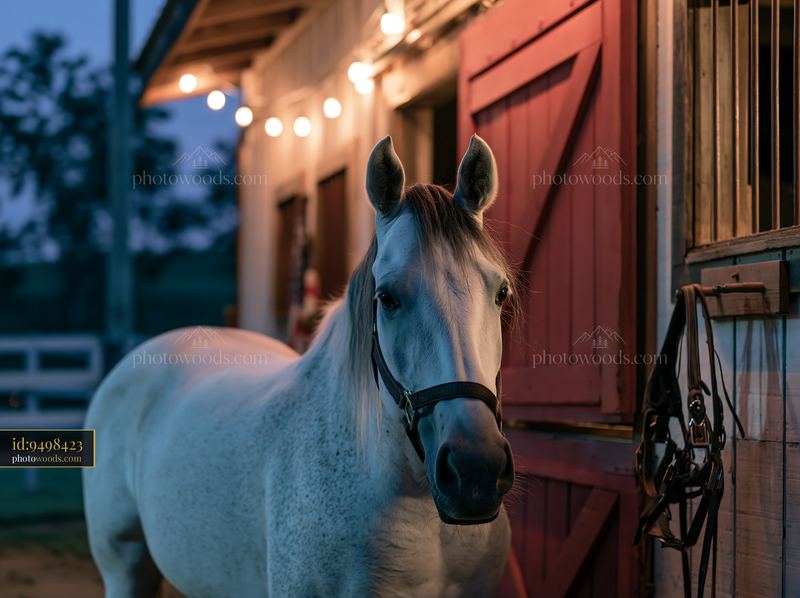 Horse under stable lights at dusk
