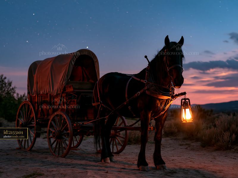 Horse in a starlit desert with a wagon and a lantern