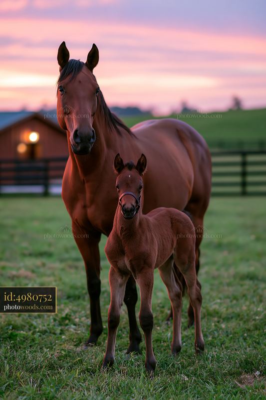 Horse near a lantern-lit stable at sunset with a foal