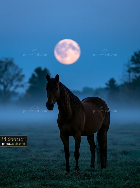 Horse silhouette beneath a full moon in a misty field