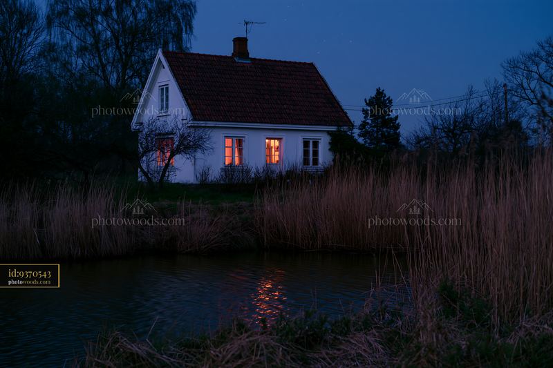 House beside a starry lake under a night sky