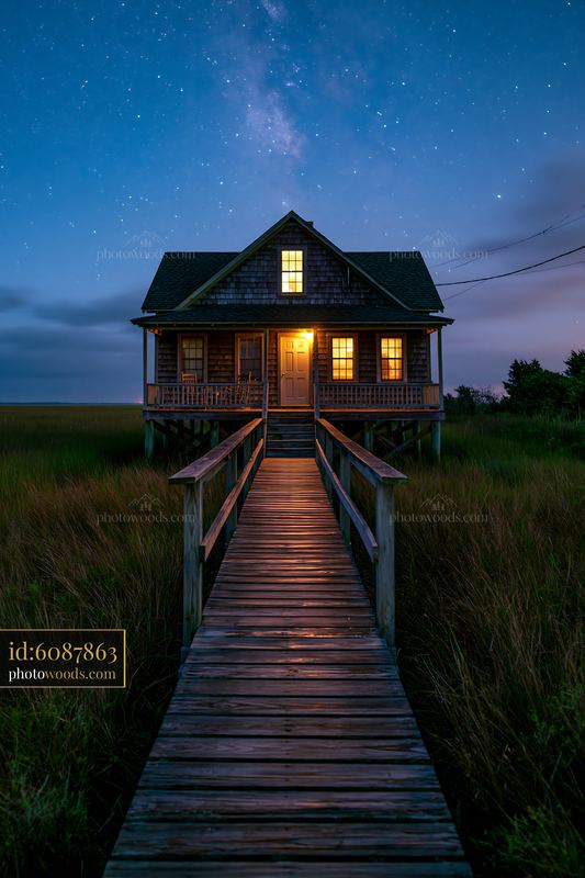 House under stars during blue hour with wooden walkway