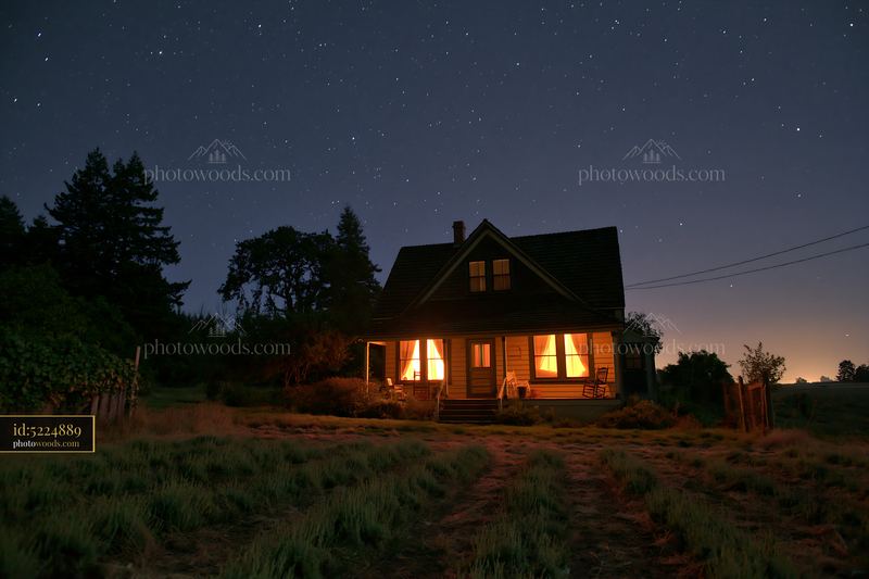 House under a starry sky with warm lights and trees in the background