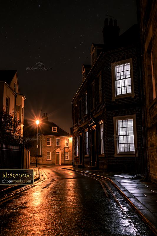 A house under meteor shower shows a street illuminated by warm lights