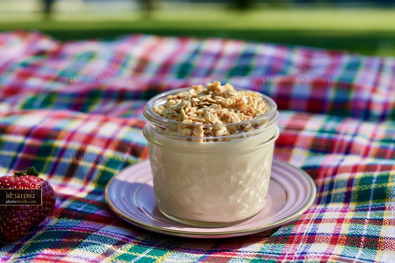 Cream dose with oat flakes in a jar on a checkered picnic blanket