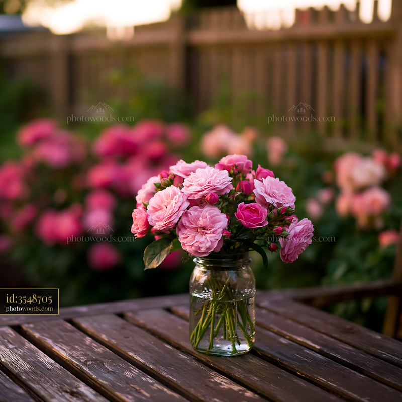 Cottage garden with blooming roses in a rustic setting