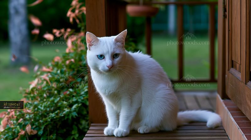 Elegant Khao Manee cat sitting on a wooden porch
