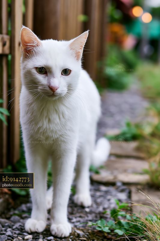 Khao Manee cat walking on a pathway in a garden setting