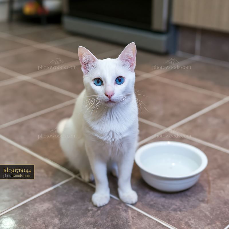 Khao Manee cat sitting next to an empty bowl in a kitchen