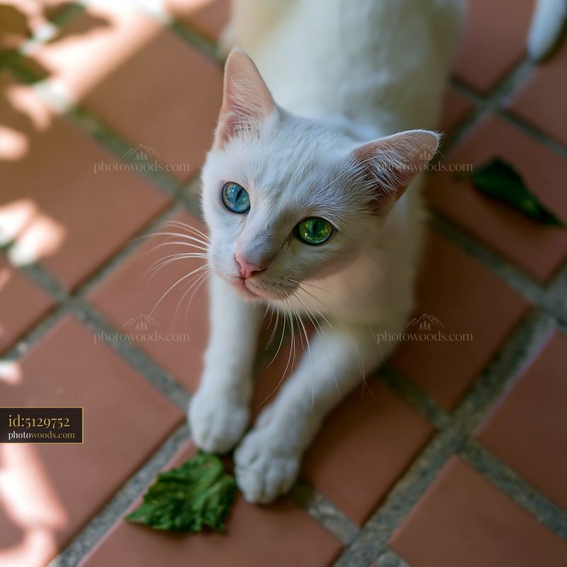 Khao Manee cat playing on a tiled floor with green leaves