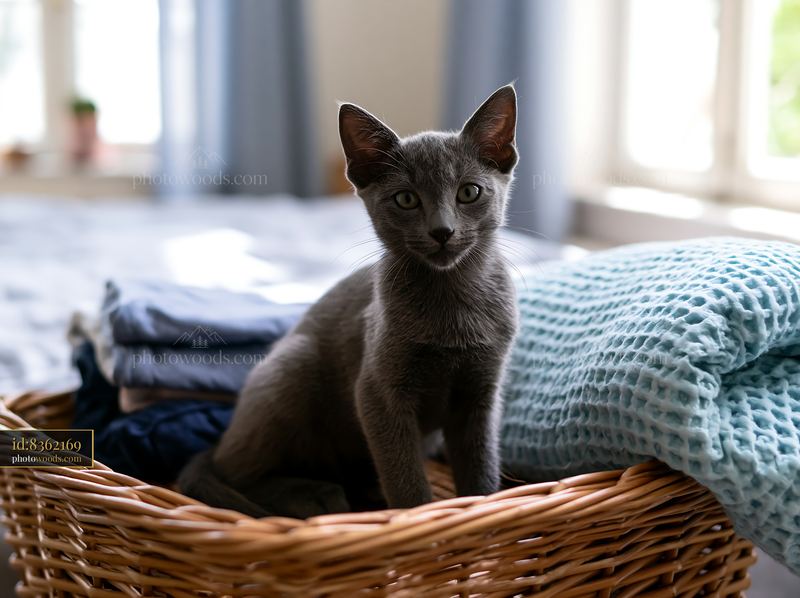 Korat kitten sits in a basket near freshly folded laundry