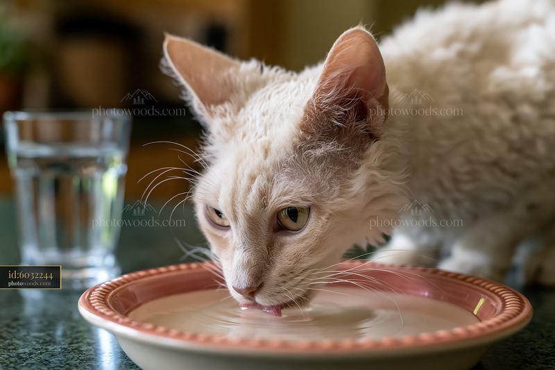 LaPerm cat drinks water from a bowl in a home setting