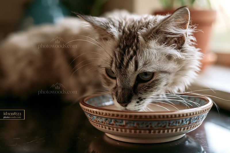 Close up of LaPerm cat drinking from a bowl