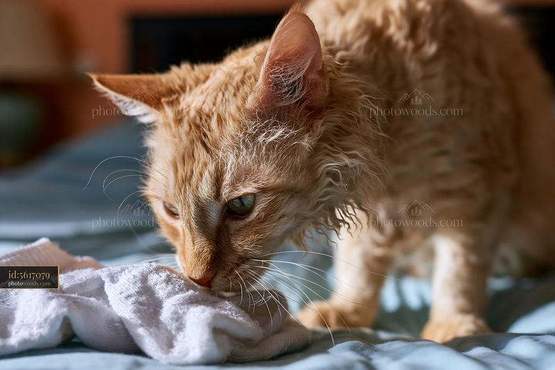 LaPerm cat close up on a bed sniffing a cloth