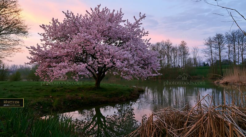 Almond tree blossoms in landscape with water and trees