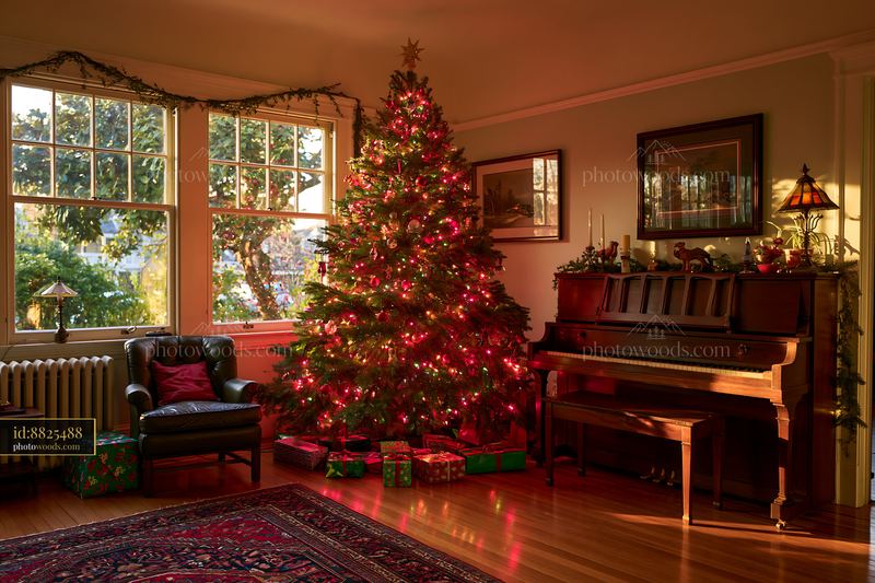 Large Christmas-decorated living room with a Christmas tree and piano