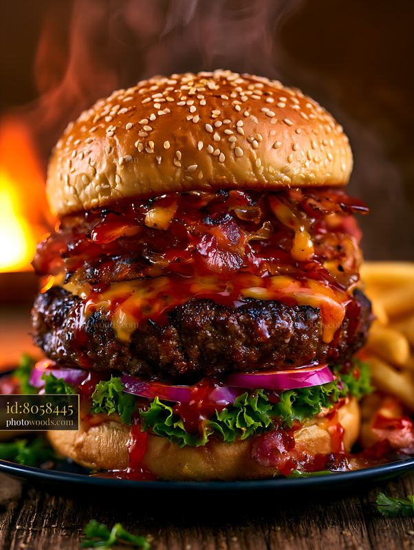 Juicy stacked hamburger with bacon and cheese served with fries