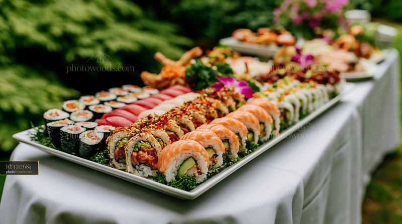 Sushi platter with assorted rolls for catering event