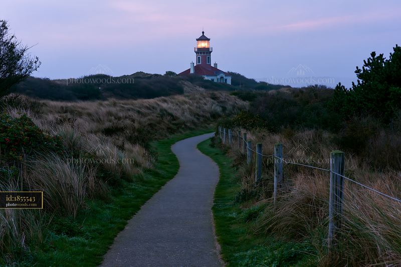 Lighthouse framed by coastal dunes at dusk