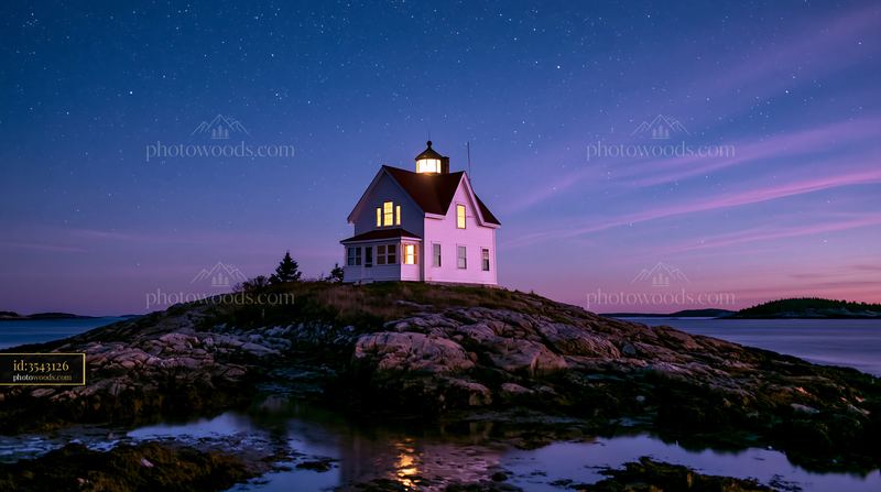 Lighthouse house under stars in twilight setting