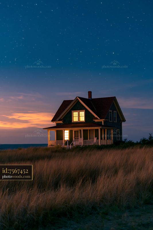 Lighthouse house under stars in a night sky by the shore