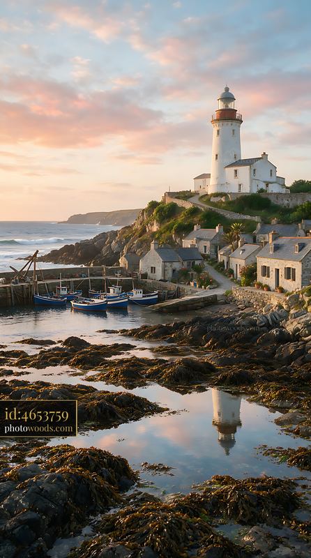A lighthouse overlooking a fishing village sits atop a rocky shore.