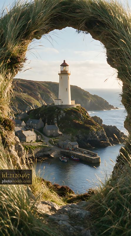 Lighthouse overseeing a fishing village by the coast