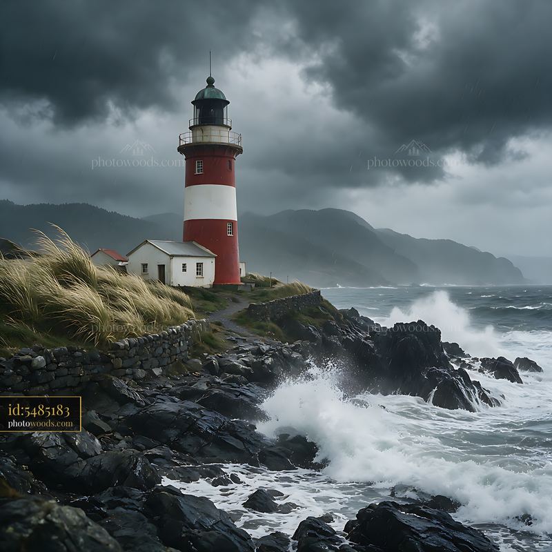 Lighthouse near rocky shore with stormy sea and dark clouds