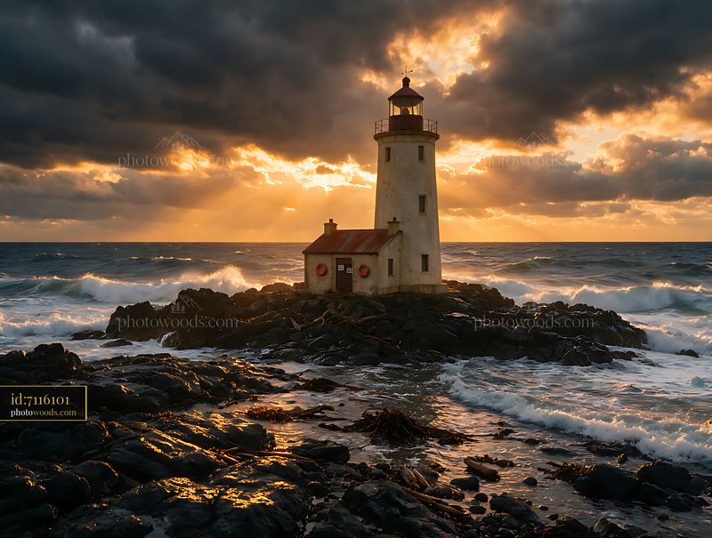Lighthouse overlooking a stormy sea during sunset