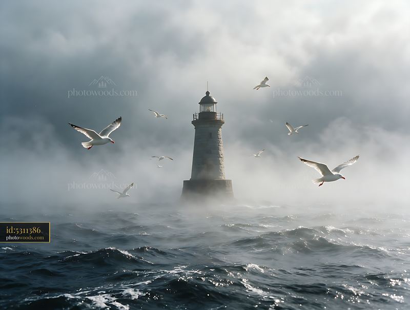 Lighthouse standing tall in heavy ocean fog with seagulls flying