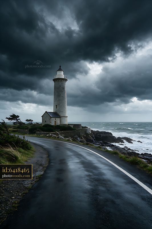 Lighthouse beneath dramatic clouds near rocky coastline
