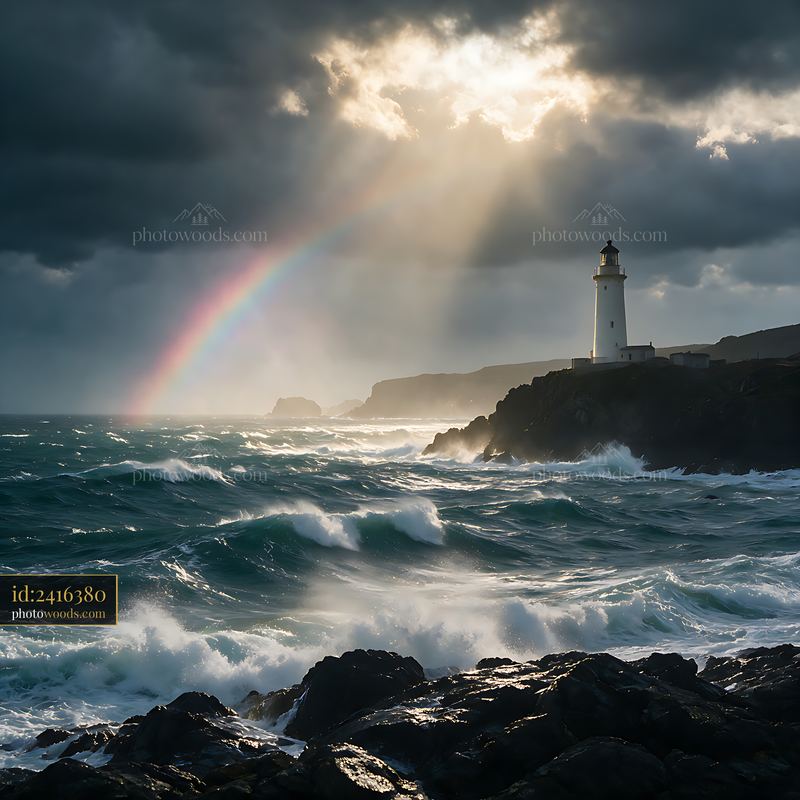Lighthouse with a rainbow over the ocean during a storm