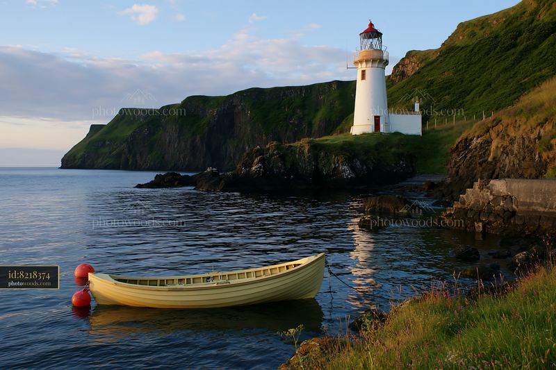 Lighthouse with boats in the foreground and cliffs in the background