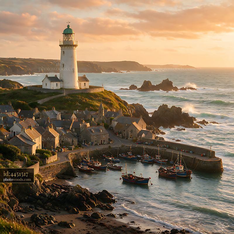 Lighthouse overlooking a fishing village at sunset