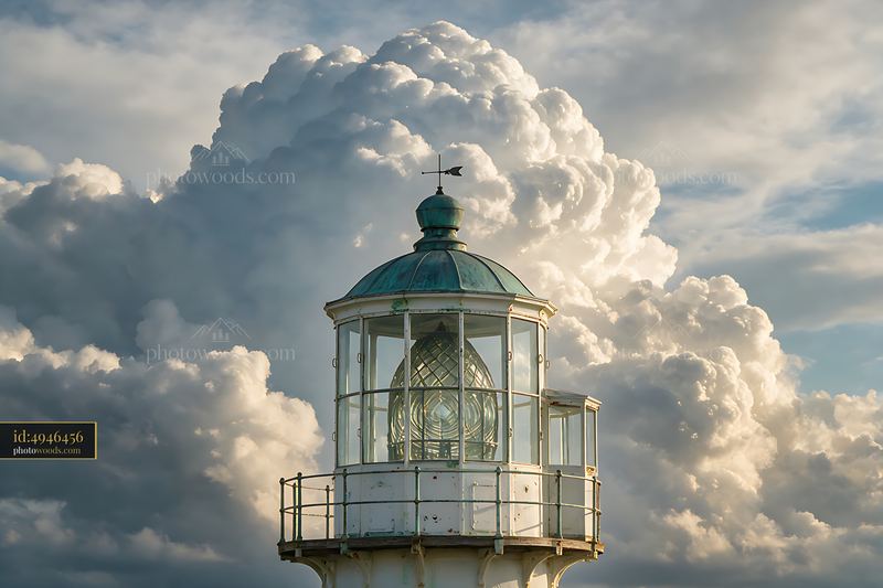 Lighthouse beneath dramatic clouds in a coastal setting