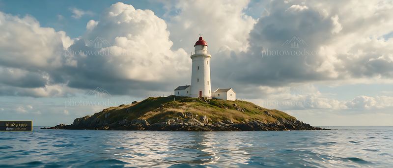 Lighthouse beneath dramatic clouds on a rocky island