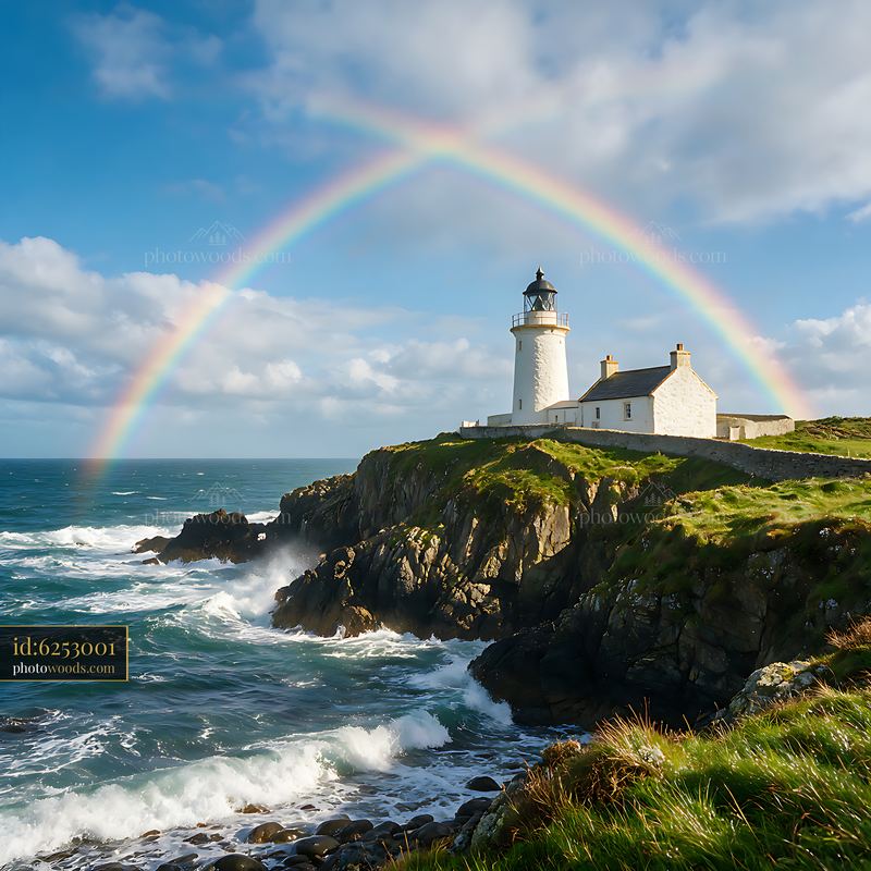 Lighthouse with a rainbow over the ocean near rocky coastal cliffs