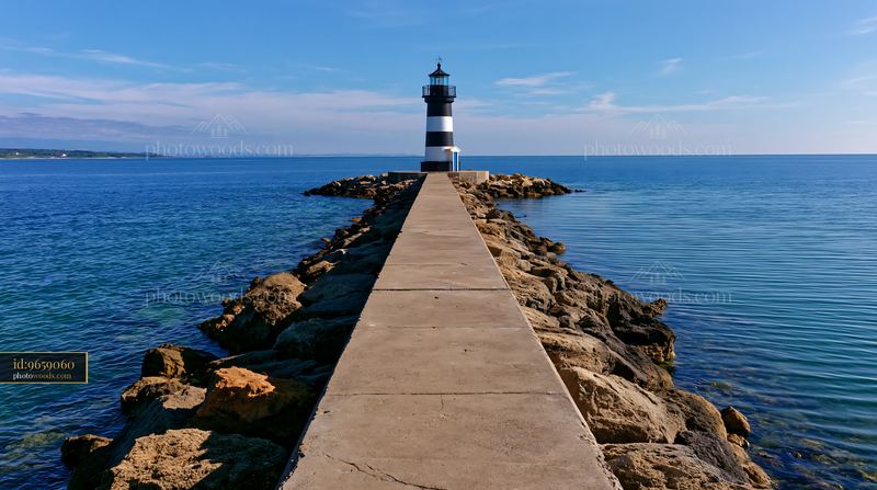 Lighthouse with black and white stripes at the edge of the water