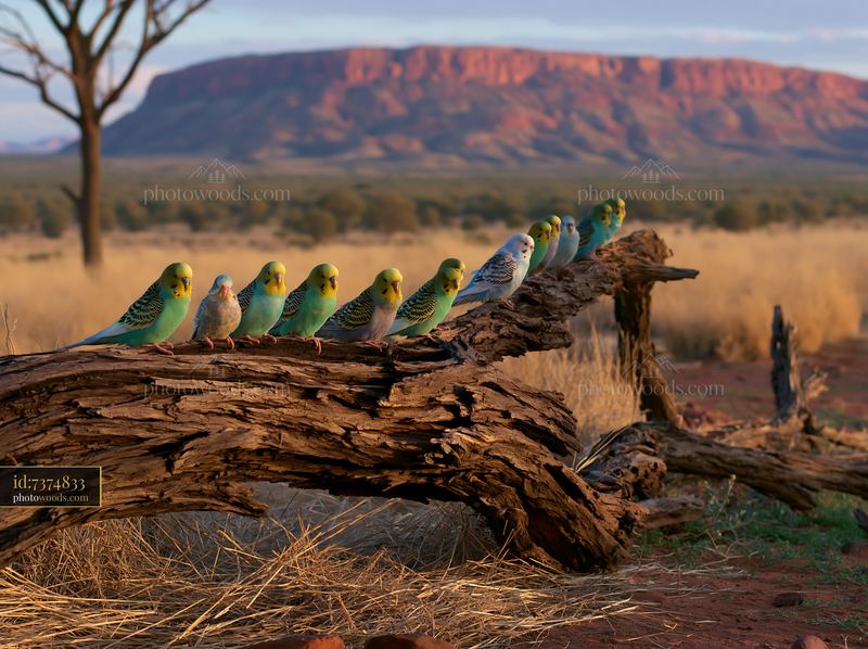 A line of colorful parakeets sits on a log in a field, with a large red rock formation behind them and dry grass surrounding the scene.