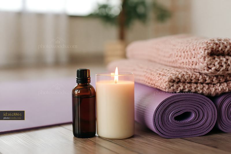 Candle and essential oil bottle placed near yoga mats