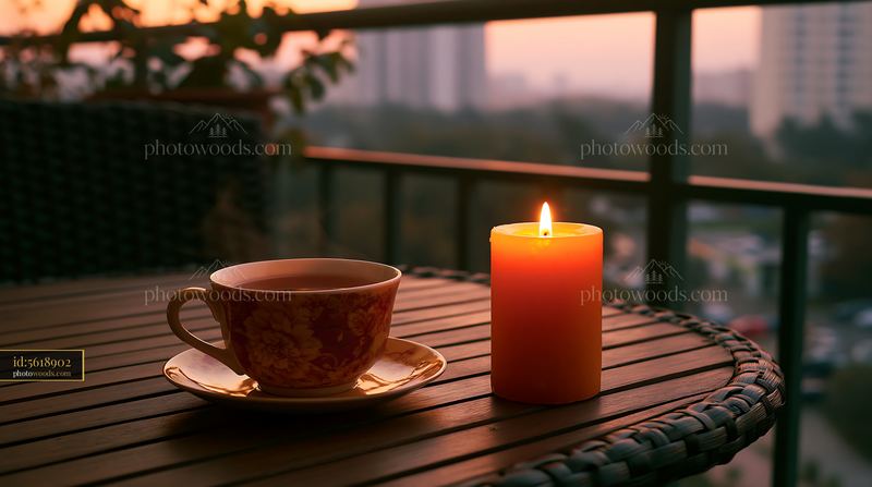 Candle with copy space on right beside a cup on a balcony