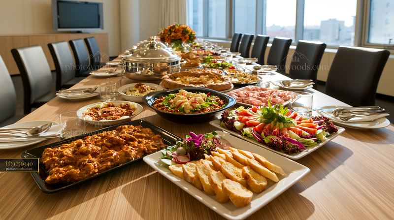 Corporate lunch buffet with diverse food options on a long table