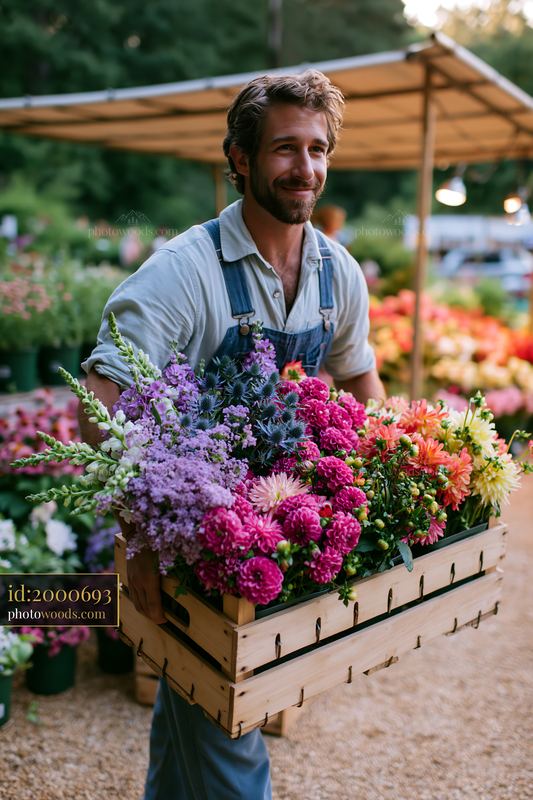 Bright seasonal flowers at farmers market