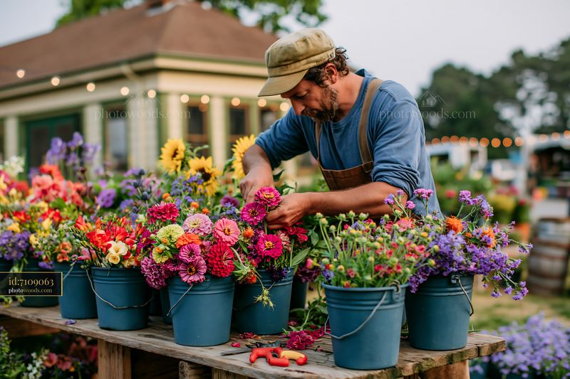 Man arranging mixed seasonal flowers at farmers market